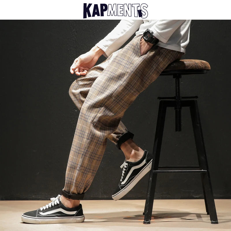 KAPMENTS Japanese Streetwear Plaid Pants Men Joggers