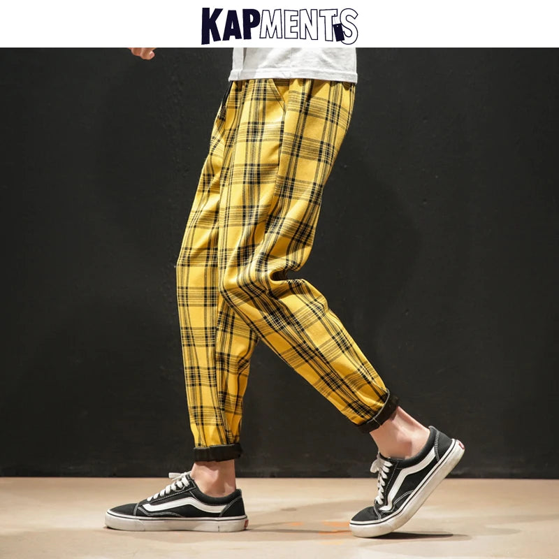 KAPMENTS Japanese Streetwear Plaid Pants Men Joggers
