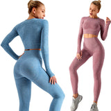 Set Women Clothing Long Sleeve Gym Crop Top High Waist Leggings Workout