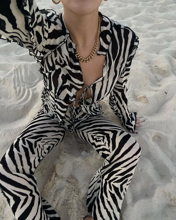 Cryptographic Animal Print Mesh Sheer Stripe Tie Front Detail Top Matching Sets Fashion Outfits 2 Piece Sets Holiday Beachwear