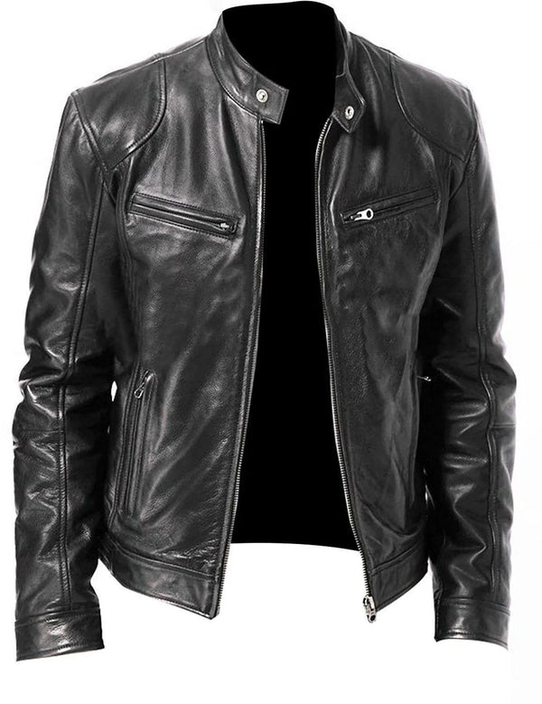 Men's Leather Jacket Slim Fit Stand Collar