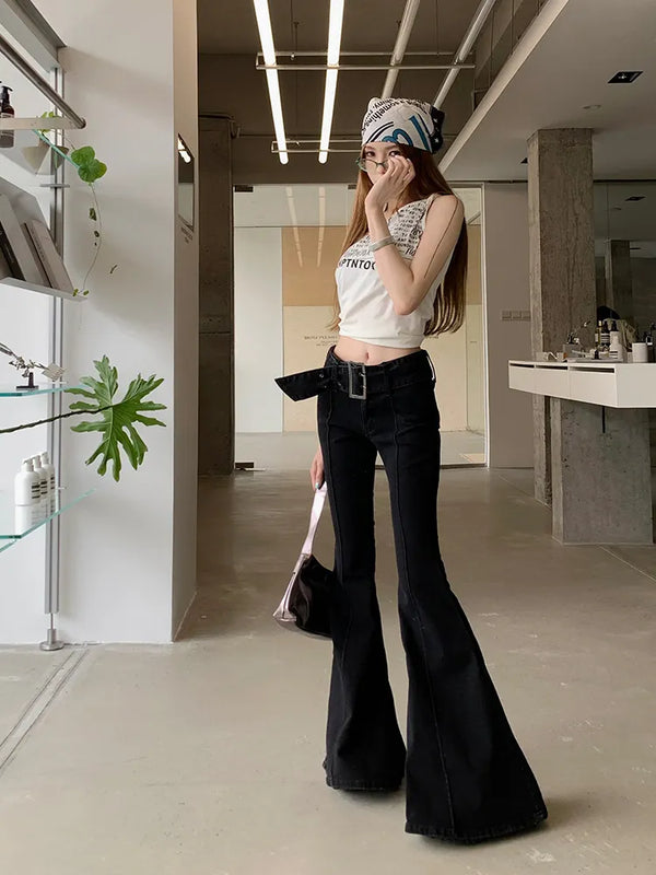 American Retro Flare Jeans Low Waist E-girl Slim Bandage Bottoms Women Fashion Black Cotton Denim Pant Trousers Y2K High Street