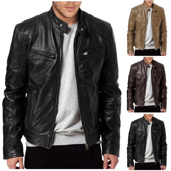 Men's Leather Jacket Slim Fit Stand Collar