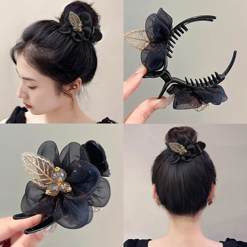 Fashion Mesh Flower Hair Claw Clip Hair Artifact Grasping Female Ponytail Hairpin Elegant Hairgrip Acrylic Girl Hair Accessories