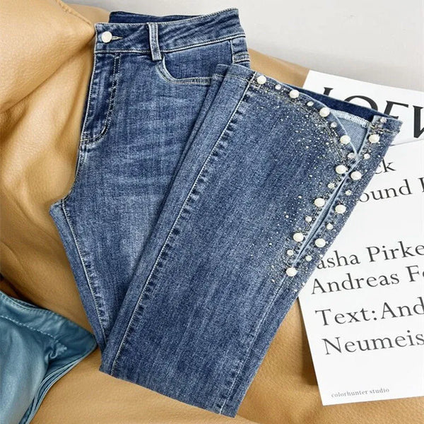 Hot Diamond Beaded Split Jeans For Women Spring Summer 2023 New High Waist Slim Bell-bottoms Trousers Denim Pants