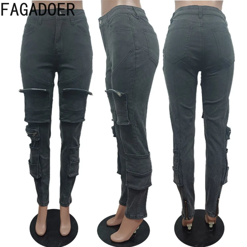 FAGADOER Black Vintage Fashion Skinny Denim Pants Women High Waist Button Zip Pocket Trousers Casual Female Elastic Jean Bottoms