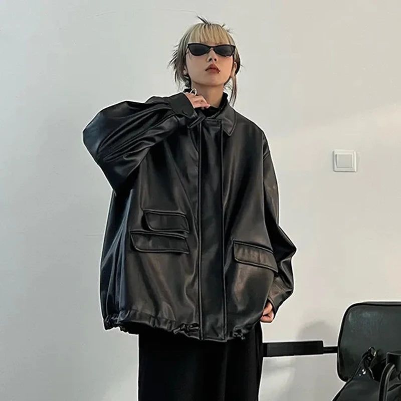 Streetwear Black Pu Faux Leather Coats Women Oversized Gothic Jackets