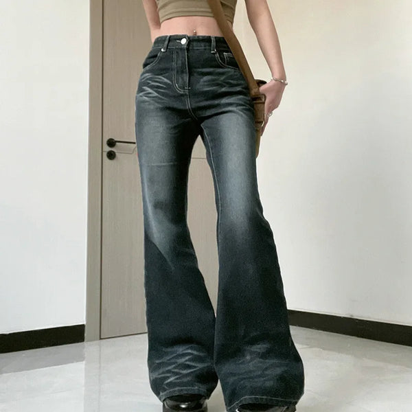Women's High Waisted Jeans Wide Flare Leg Denim Pants Y2K Patterned Baggy Flared Hem Stretch Bell Bottom Trousers Streetwear