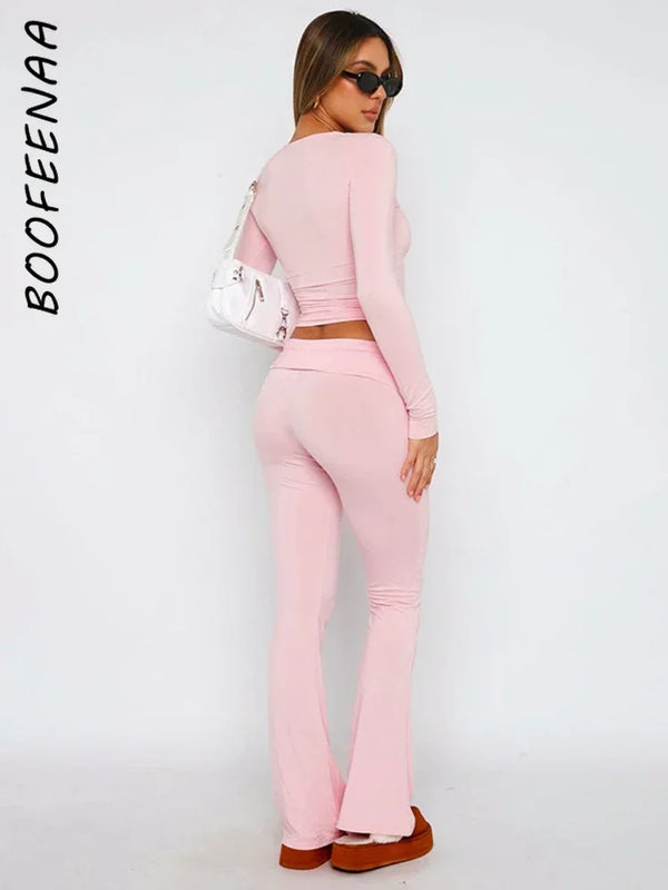 BOOFEENAA Casual Pink 2 Pieces Sets Womens Outfits for Winter Y2k Clothes Long Sleeve Top and Low Waist Flare Pants Sets C85CH37