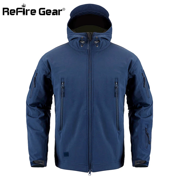 ReFire Gear Navy Blue Soft Shell Military Jacket Men Waterproof Army Tactical Jacket Coat Winter Warm Fleece Hooded Windbreaker
