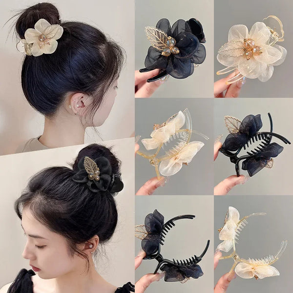 Fashion Mesh Flower Hair Claw Clip Hair Artifact Grasping Female Ponytail Hairpin Elegant Hairgrip Acrylic Girl Hair Accessories