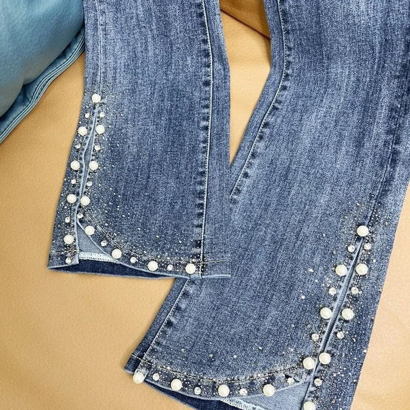Hot Diamond Beaded Split Jeans For Women Spring Summer 2023 New High Waist Slim Bell-bottoms Trousers Denim Pants