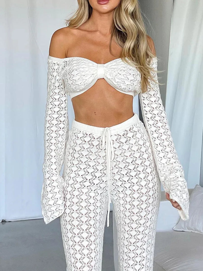 wsevypo Hollow Out Crochet Knit Pants Sets