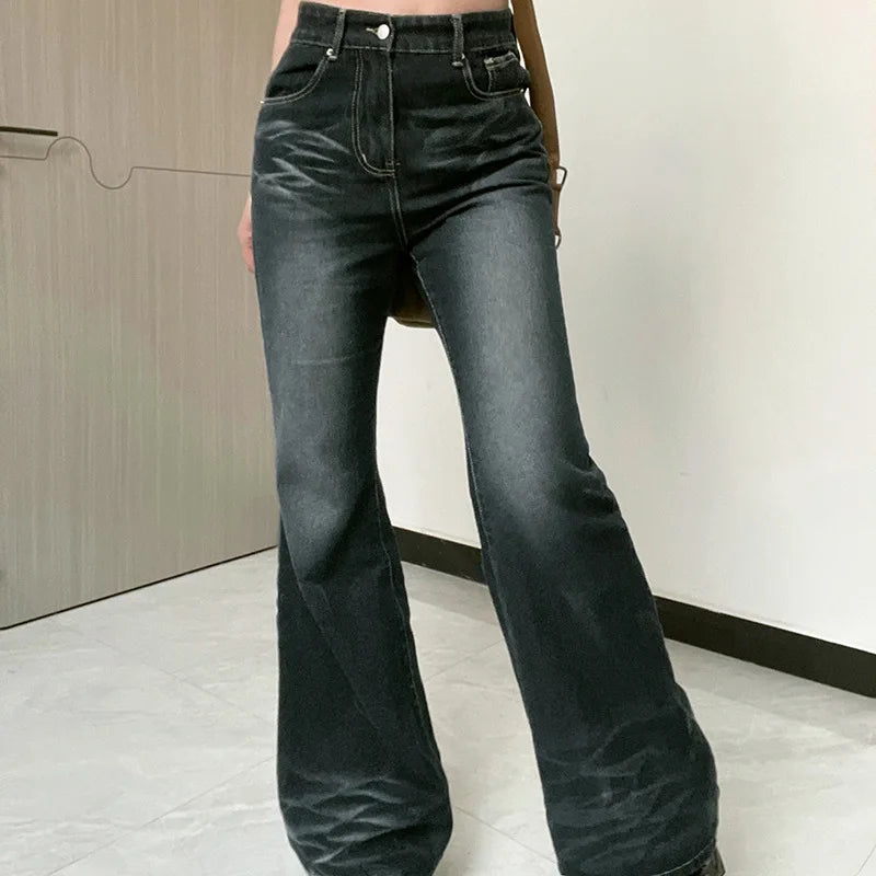Women's High Waisted Jeans Wide Flare Leg Denim Pants Y2K Patterned Baggy Flared Hem Stretch Bell Bottom Trousers Streetwear