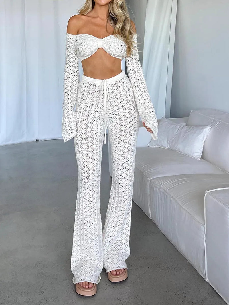 wsevypo Hollow Out Crochet Knit Pants Sets